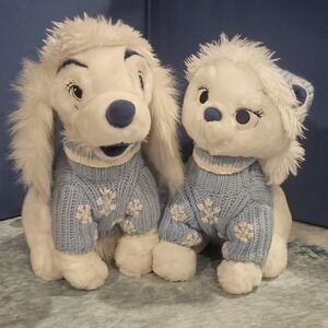 Disney Store Marie & Lady Winter Plush Pair Blue Sweaters Aristocats Lady Tramp